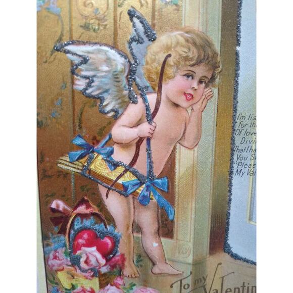 Valentines Day Postcard Cupid Angel Series No 1 Embossed Glitter Echo Of Love - Picture 6 of 8